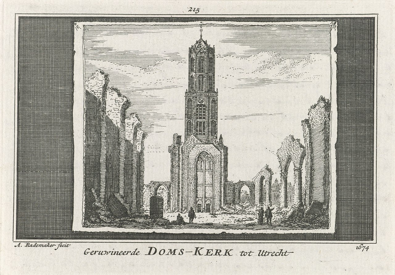 Prent van de geruïneerde Dom te Utrecht na de storm in 1674