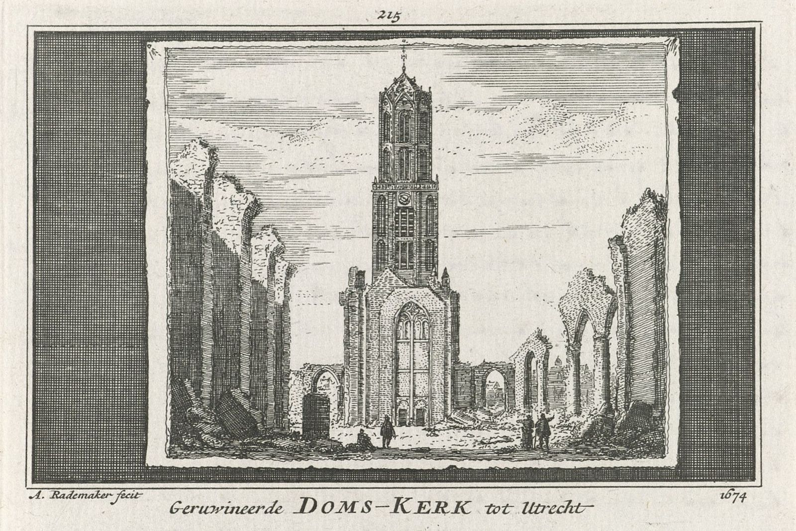 Prent van de geruïneerde Dom te Utrecht na de storm in 1674