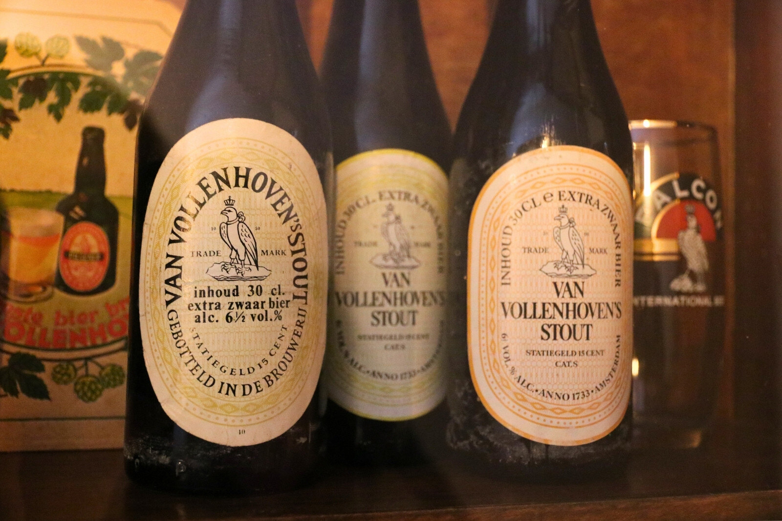 Vintage Van Vollenhoven beer on display at Poesiat & Kater Brewery in Amsterdam