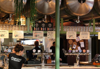 Brewpub Poesiat & Kater with tanks hanging right above the bar!