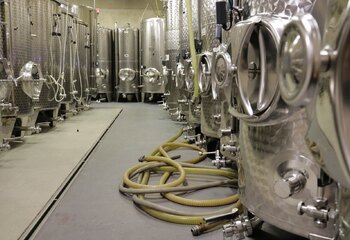 Stainless steel tanks in the wine cellar of winery Hof van Twente